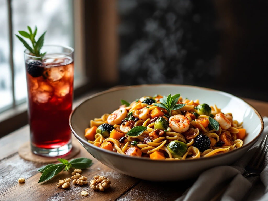 Cozy Balsamic Fig Seafood Pasta with Roasted Winter Vegetables