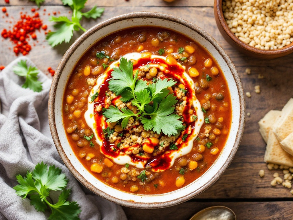 Moroccan-Spiced Lentil and Quinoa Soup with Harissa Drizzle