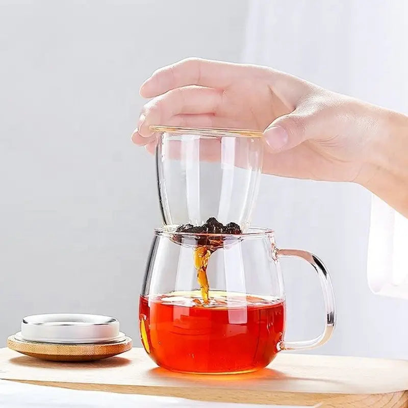 Taza de té de vidrio con infusor y tapa de bambú (15 oz.)