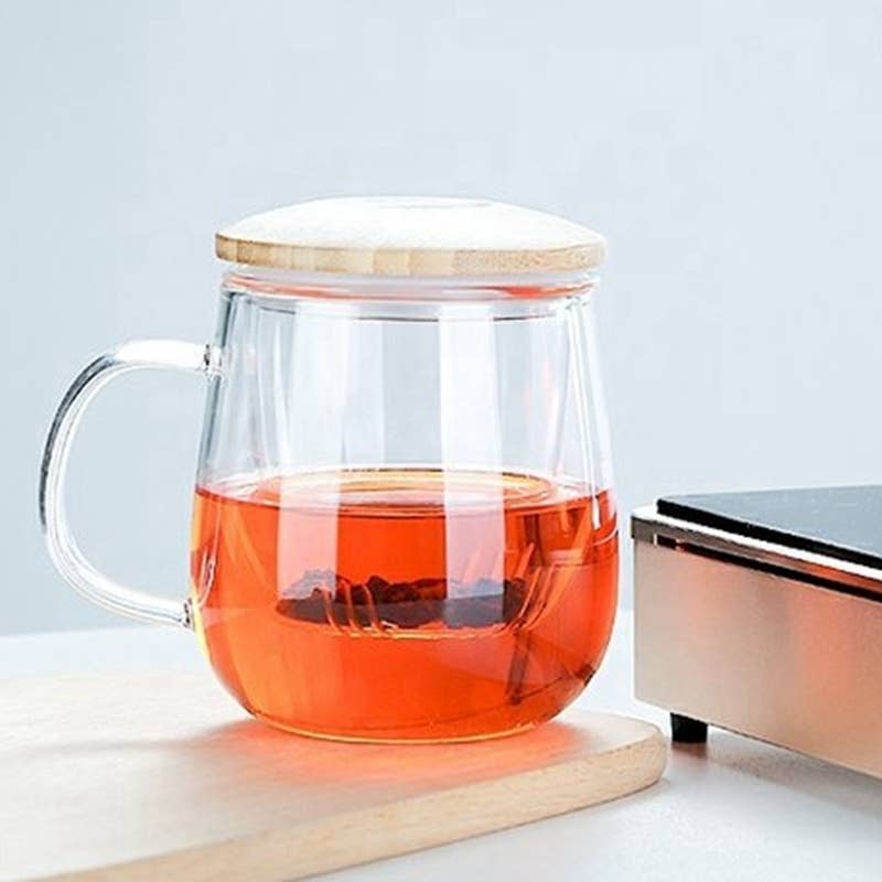 Taza de té de vidrio con infusor y tapa de bambú (15 oz.)